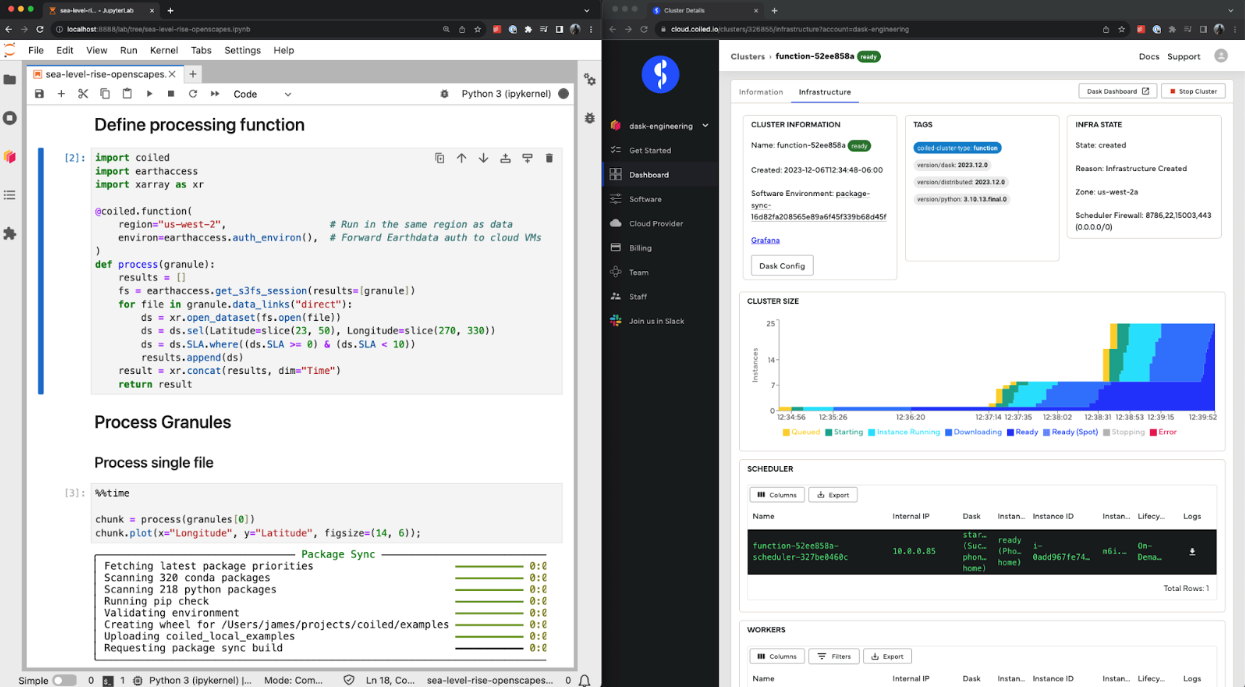 screenshot of python notebook on left and Coiled cluster information on right