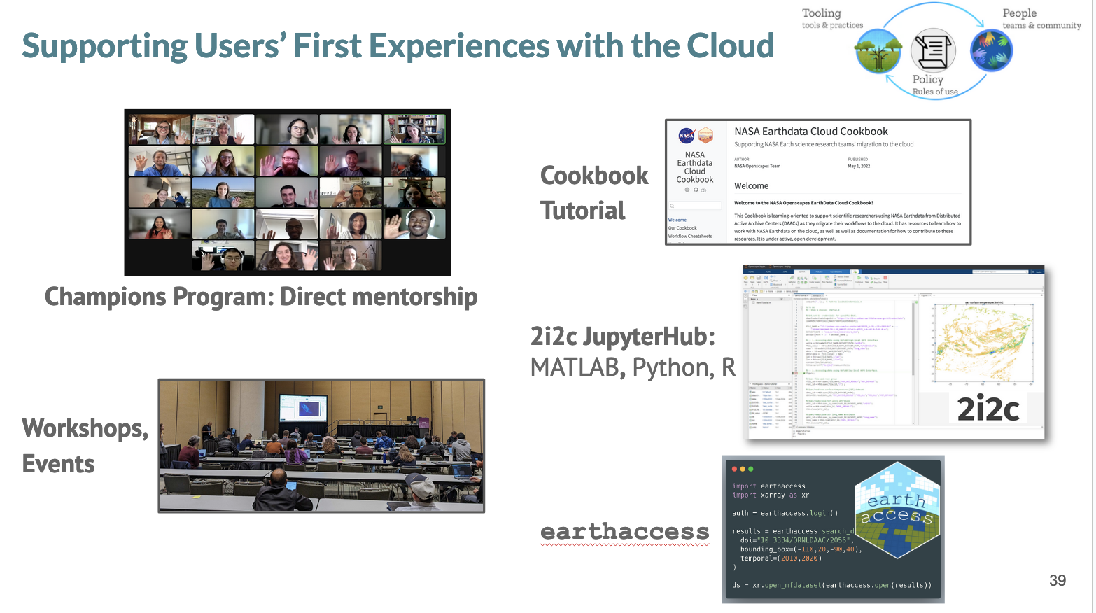 Supporting Users' First Experiences with the Cloud text heading above screenshots of a zoomie, workshop classroom, NASA Earthdata Cloud Cookbook, 2i2c JupyterHub notebook, earthaccess python code example with hexagonal logo